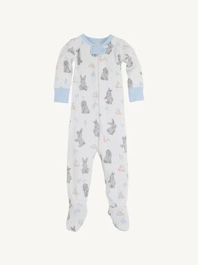 The Beaufort Bonnet Company White Bunny Print Footed One-Piece with Blue Trim